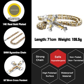 CASSIECA Cross Chain Men's Stainless Steel Byzantine Chains Cross Pendant for Boys Men Cross Necklace for Men Jesus Cross Chain with Byzantine Chain Black Gold 56/61/71 cm, Stainless Steel