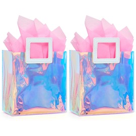 Ohuimrt 2 Pack Holographic Small Gift Bags with Tissue Paper, Iridescent Birthday Gift Bags with Handles for Women, Girls, Valentine's Day, Bachelorette Parties, Weddings