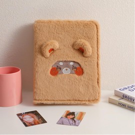 SZHTSWU A5 Binder Cartoon Plush Photocard Album with 20 Pcs Inner 3 Inch Photo Album Sleeves in Loose Leaf Refillable 6 Rings Binder Cover Photocard Holder Book for Picture Cards Storage (Brown Bear)