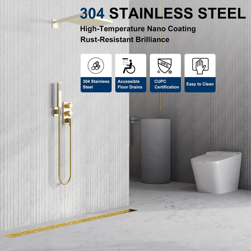 Neodrain 24-in Brushed Brass Rectangular Linear Shower Drain with Brick