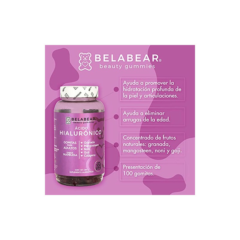 Belabear Ácido Hialurónico - Sabor Frambuesa - Granada, Mangosteen, Noni,