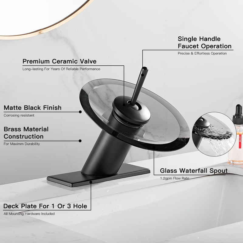 Bathroom Faucet Black Glass Spout Waterfall Single Handle One Hole