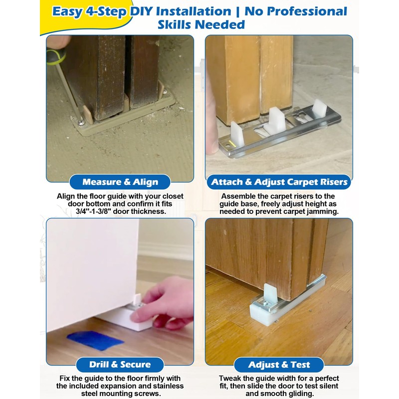 IWIWE Adjustable Sliding Closet Door Floor Guides with Carpet Risers