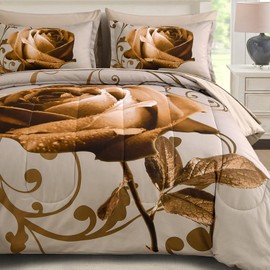 WONGS BEDDING Brown Comforter Set King, Reversible Brown Rose 7 Pieces Bed in a Bag, Lightweight Soft Microfiber Bedding Sets with Flat Sheet, Fitted Sheet, Pillowcases & Shams