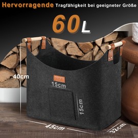 Ezilif Log Basket for Firewood, Large XL, Firewood Basket with Double Reinforced Leather, 60 L Felt Firewood Basket, Felt Basket Firewood with Front Pocket, Foldable Basket for Firewood, 45 x 32 x 40