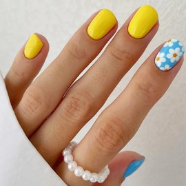 24 Pcs Acrylic Press on Nails RIICFDD Flower Press on Nail Short Square Fake Nails with Floral Designs Yellow and Blue Full Cover Stick on Nails Spring False Nails for Women Girls