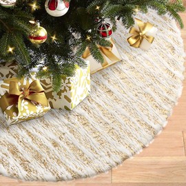 Dremisland Christmas Tree Skirt White&Silver Bronzing Luxury Faux Fur Tree Skirt with Sequin Stripes Soft Plush Xmas Tree Skirt for Winter Party Holiday Xmas Decorations (Gold, 48inch/122cm)