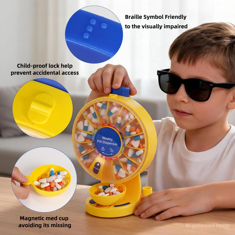 Daily Pill Organizer with One-Touch Button & Child Lock for