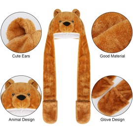 PHOGARY Hooded Hat, Scarf and Gloves Set for Women, 3-in-1 Hat Scarf and Gloves Set Faux Fur Cartoon Animal Hat Bear Scarf and Hat for Cosplay Costumes, Carnival Costumes, Brown Bear