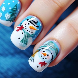 MERVF Christmas Press on Nails Short Square Fake Nails Blue Snowman Glue on Nails Tree Press ons with Snowflake Winter Design Cute Squoval Acrylic Nails Glossy 24pcs
