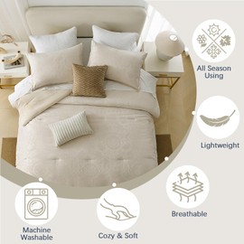 Comforters Queen Size, Bedding Comforters Sets, 100% Cotton, Damask Embroidery Pattern Queen Comforter Bedding Set, 3 Pieces, 90" × 90", Beige