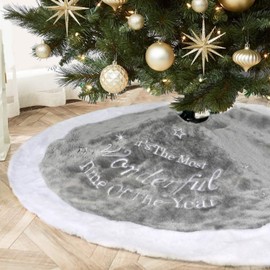 Alynsehom Christmas Tree Skirt, Luxury Faux Fur Plush Tree Skirt Embroidery Snowflake Large Grey Soft Xmas Tree Skirts Holiday Tree Decor Home Party Christmas Decorations(Grey,36inch/90cm)