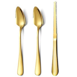 HOMQUEN Gold Grapefruit Spoons 3 Pieces Set, 2 Stainless Steel Grapefruit Spoon and 1 Grapefruit Knife with Titanium Plating, Grapefruit Utensil Set, Serrated Edges Spoon Pack of 3 (Gold)