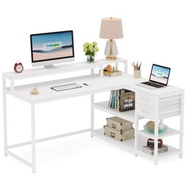 LITTLE TREE Reversible L-Shaped Computer Desk with Hutch & Shelf,White