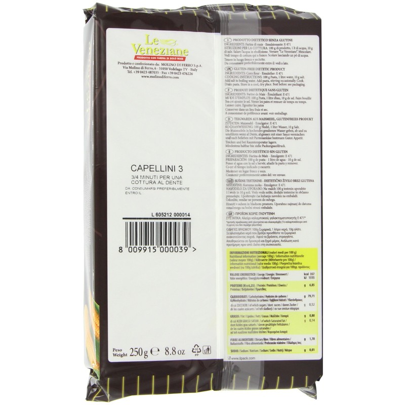 Le Veneziane Corn Pasta, Capallini 250g [Pack of 4]