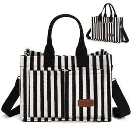 LHMTQVK Canvas Tote Bag for Women Crossbody Bag Purses Tote Bags with Pockets Travel Bags Work Bags Handbags Shoulder Bag(Black and White Stripe)