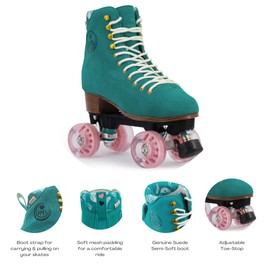 BTFL Pro Roller Skates Women, Kids & Men - Teal, Suede Boot- Indoor, Outside, Rink, & Rhythmic Roller Skating. Black, Blue, Gray, Green, Pink, White (Liam Pro, US Women´s: 06 / US Men´s: 4.5)
