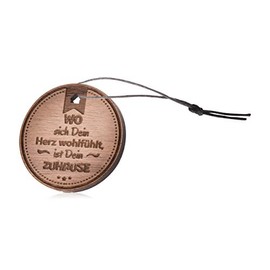 GRAVURZEILE Wooden Keyring – Wo sich Dein Herz wohlfühlt ist Dein Zuhause – Pendant with Engraving and Cotton Band – Gift Idea for Birthday, Christmas and Valentine's Day, brown