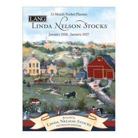 Lang Linda Nelson Stocks Monthly 2026 Pocket Planner – 12-Month Monthly Planner with Wire-O Binding, Folk-Art Rural Scenes by Linda Nelson Stocks, 4.9" × 6.6"