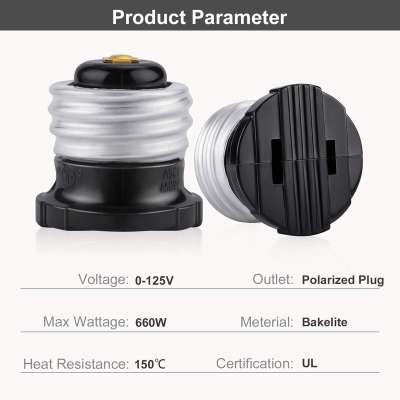 DiCUNO UL Listed E26 Light Socket to Plug Adapter, 2