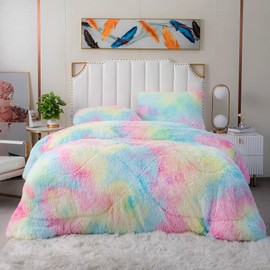 Gusuhome Faux Fur Comforter Set Full/Queen Rainbow Pink Fluffy Fuzzy Comforter Luxury Ultra Soft Shaggy Plush Microfiber Bedding Set 3 Pieces (Comforter x 1 Pillowcases x 2) …