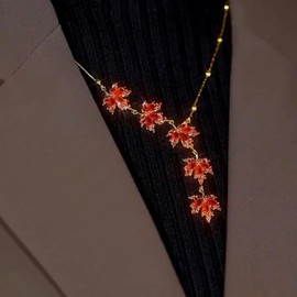 Dainty Maple Leaf Pendant Necklace for Women Cute Statement Orange Red Fall Leaves Rhinestone Single Dangle Necklaces Gold Plated Choker CZ Crystal Autumn Thanksgiving Christmas Jewelry Gift
