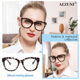 AEZUNI Oversized Bifocal Reading Glasses Women Big Frame Blue Light Readers 1.00 1.25 1.50 1.75 2.00 2.25 2.50 2.75 3.00 3.50 (Leopard,1.0)