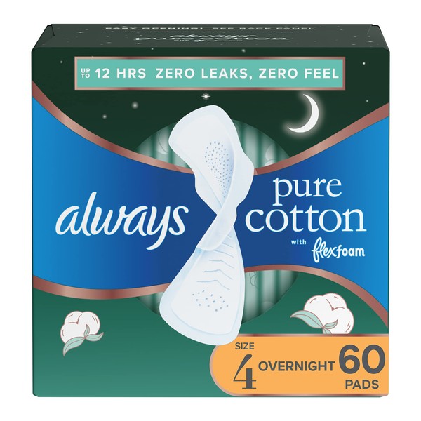 Always Pure Cotton, Feminine Pads for Women, Size 4 Overnight Absorbency, Multipack, with Flexfoam, with Wings, Unscented, 20 Count x 3 Packs (60 Count total)