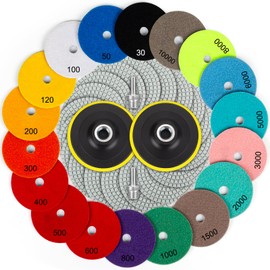 18 Pack 4 inch Diamond Polishing Pads Set Wet/Dry Polishing Kit 18pcs 30#-10000# Grit Pads with 2pcs Hook and Loop Backer Pads for Granite Stone Concrete Marble Floor Grinder or Polisher
