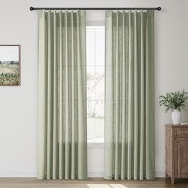 Sage Green Pleated Linen Curtains 84 Inches Long for Bedroom Living Room 2 Panels Set Semi Sheer Light Filtering Boho Farmhouse Curtains Back Tab Faux Textured Light Green Pinch Pleat Drapes 40X84