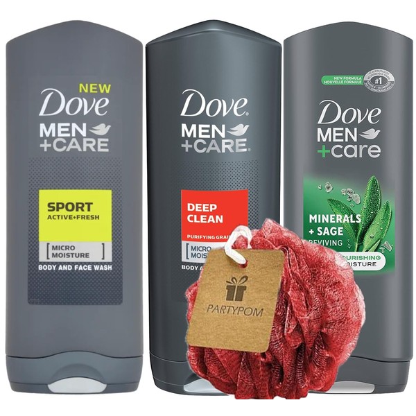 Dove Men+Care Body and Face Wash Variety Set of 3, Includes Clean Comfort, Sport Fresh and Deep Clean, 13.5 oz. Each Plus bonus Shower Loofah