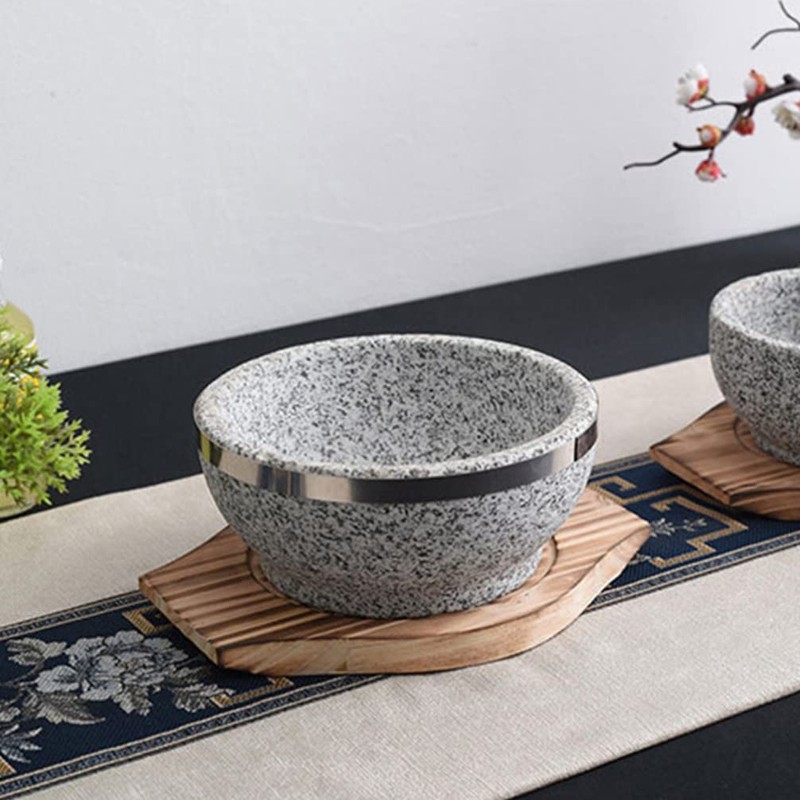 UPKOCH 2pcs Korean Dolsot Stone Bowl Wood Base Bibimbap Bowl