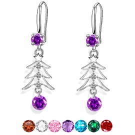 Sfoni Christmas Tree Earrings, S925 Silver Sparkling CZ Crystal Dangling Earings Rhinestone Xmas Tree Earrings Dangle Hook Earrings Jewellery Gifts for Women Lady Teen Girls, Purple