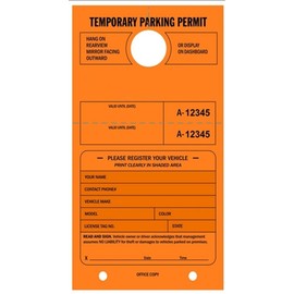 Temporary Parking Permit - Mirror Hang Tags Numbered and with Tear-Off Stub. Fluorescent Orange, 50/Pack