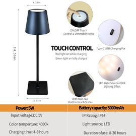 LAYSHINEEN Wireless Table Lamp Rechargeable, Portable Touch Lamp 5000mAh Battery Operated Table Lamps Cordless, 3 Colors Stepless Dimming Dining Table lamp for Home, Study, Outdoor(Black)