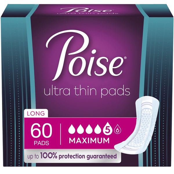 Poise Ultra Thin Incontinence Pads & Postpartum Incontinence Pads, 5 Drop Maximum Absorbency, Long Length, 60 Count