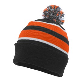 Pacific Headwear Standard Knit Fold Pom Beanie, Black/Orange/White