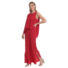 London Times Women's Plus Size Jewel Neck High Low Popover Jumpsuit, Jalapeno Red