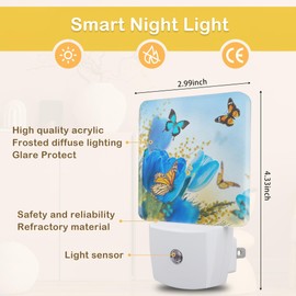 Butterfly Flower Night Light, Blue Tulips Butterfly Night Lights Plug Into Wall with Dusk To Dawn Sensor Wall Lamp, Nightlights For Bedroom, Bathroom, Hallway, Kitchen, Gifts Ideal For Girls Women