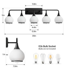 HAHZT Black Bathroom Light Fixtures 5-Lights Vanity Lights with Milky White Frosted Glass Shade Bathroom Vanity Light 39.2 inch Wall Sconce Lighting Bath(Exclude E26 Bulb)