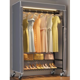 VIPEK R1L Clothes Rack with Cover, Heavy Duty Garment Rack with Dimmable LED Lights, Rolling Portable Closet for Hanging Clothes Metal Clothing Rack with Wheels, Black Rack with Grey Cover