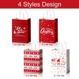 Reyoust 24PCS Christmas Gift Bags for Holiday Paper Gift 4 Designs Xmas Candy Treat Bags with Handles Winter Holiday Party Gift Bags Party Supplies