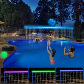 Alpcouts Pool Volleyball Net Set with Lights, Solar Powered Portable Outdoor LED Volleyball Net for Pool with 2 Glowing Balls,Pump and Weighted Bases, Adjustable Length 15ft-32ft for Inground Pool.