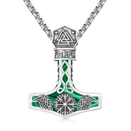 Twoowl Mjolnir Necklace Sterling Silver Viking Compass Pendant Thor Hammer Necklace Raven Necklace Norse Runes Vegvisir Amulet Jewellery Gifts for Women Men(Malachit)