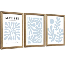 VisionaryBrush 3 pieces Matisse Light Blue Flower Canvas Wall Art, Boho Blue Art Wall Decor, Abstract Coastal Preppy Picture Art Prints for Gallery Living Room Bedroom Decor Framed 12x16 Inches​