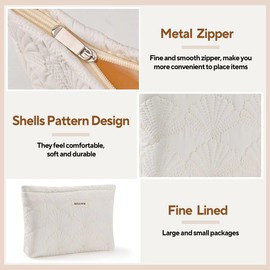 MZLUWM White Cotton Quilted Makeup Pouch，Cute Puffy Coquette Makeup Bag,Floral Cotton Quilted Cosmetic Bag for Women and Girls,Makeup Organizer Bag Zipper Pouch (White Shells)