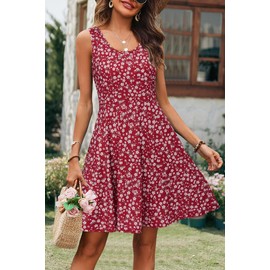 STYLEWORD Sundresses for Women 2024 Casual Sleeveless Crew Neck Skater Tank Summer Dress Beach Vacation Party Sun Dresses(Red Floral,M)