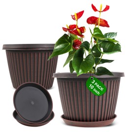 Myfeegoin Planter-Pots-for-Plants-Indoor-Outdoor, 3 Pack 10 Inch Plastic Flower Pots with Saucer & Drainage Holes, Modern Garden Planters for Planting Medium Large Plants，Decorative Resin Garden Pots