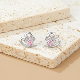 QUKE Heart Stud Earrings for Women Cubic Zirconia Crystal 925 Sterling Silver Post Pink Cat's Paw Heart Studs Earrings