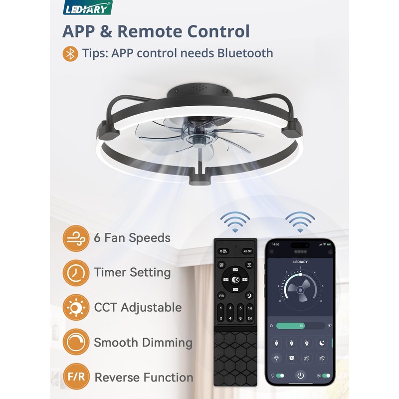 LEDIARY Ceiling Fans with Lights and Remote, 20'' Low Profile